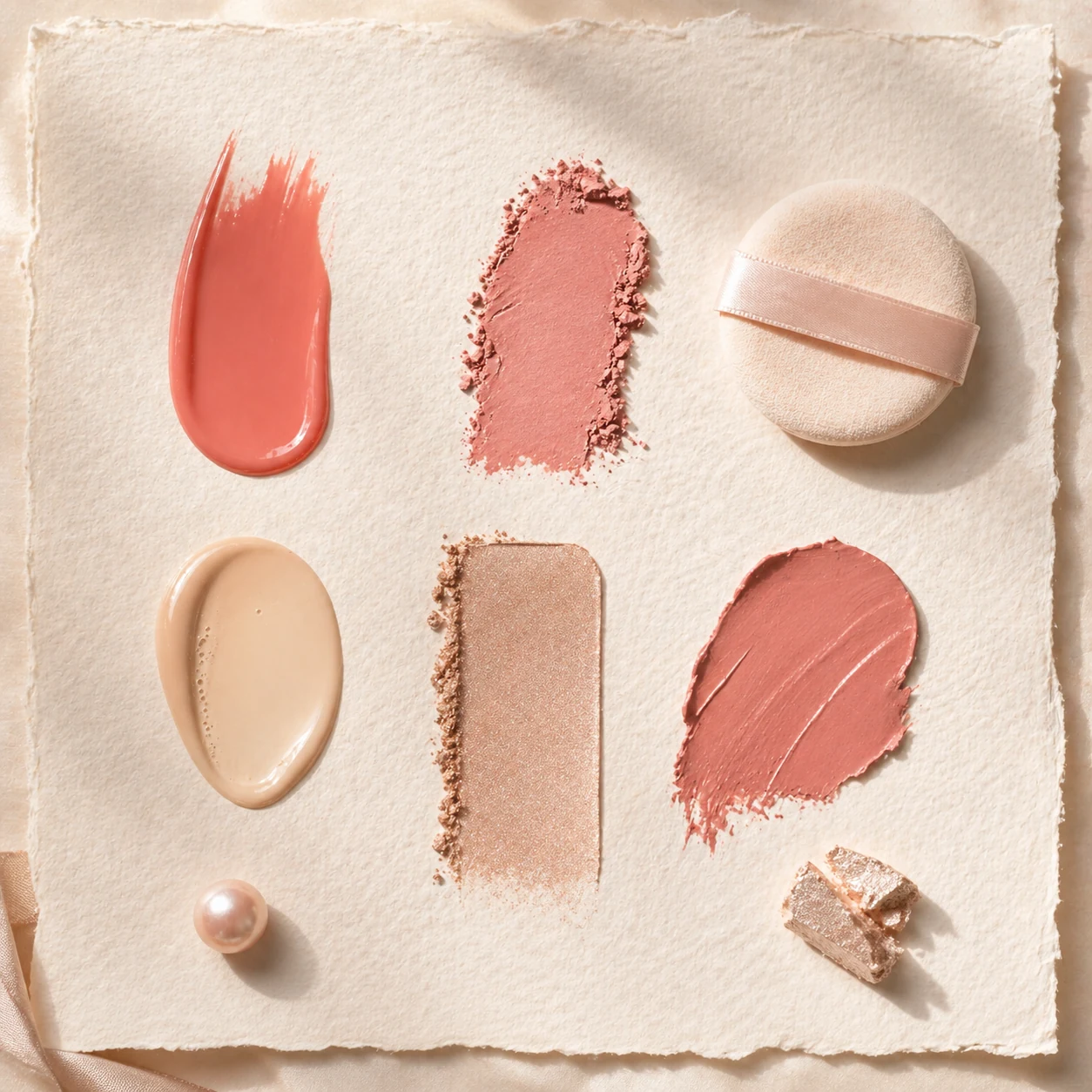 Curated grid of coral, beige, rose, and pearl makeup swatches on handmade paper